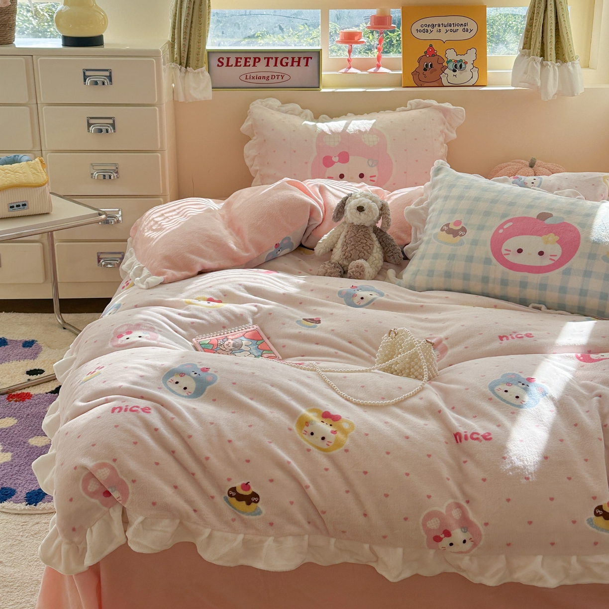 美乐迪家纺 2025新款加厚牛奶绒花边四件套 甜心派对