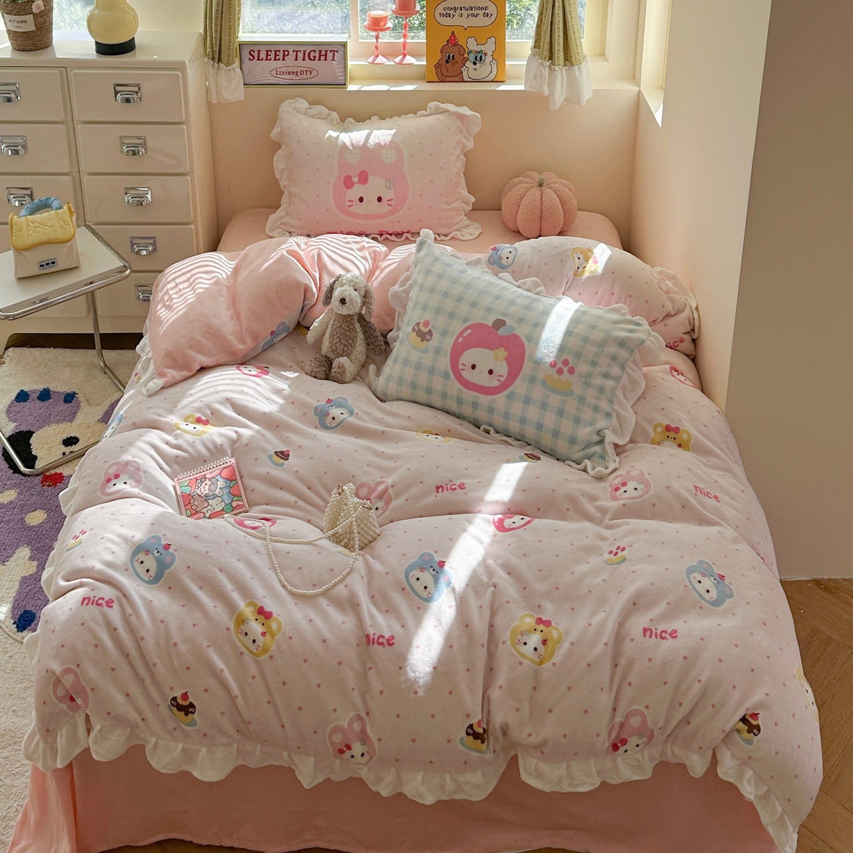 91家纺网 家纺一手货源 找家纺 美乐迪家纺 2025新款加厚牛奶绒花边四件套 甜心派对