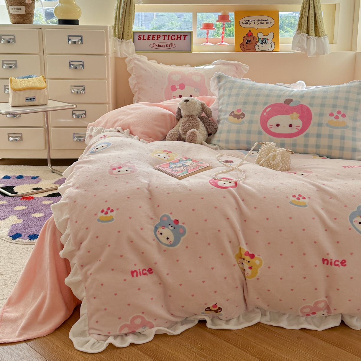 91家纺网 家纺一手货源 找家纺 美乐迪家纺 2025新款加厚牛奶绒花边四件套 甜心派对