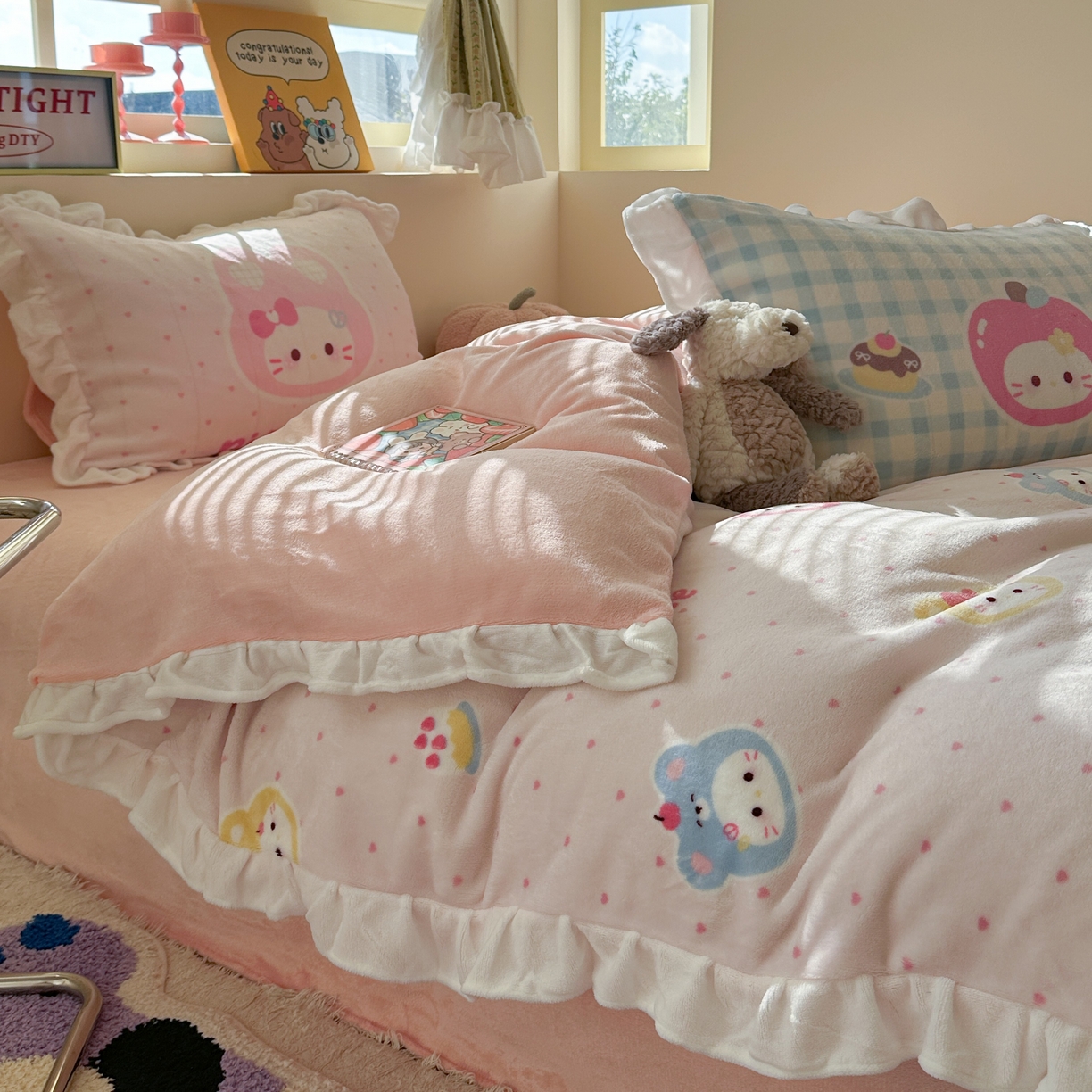 91家纺网 家纺一手货源 找家纺 美乐迪家纺 2025新款加厚牛奶绒花边四件套 甜心派对