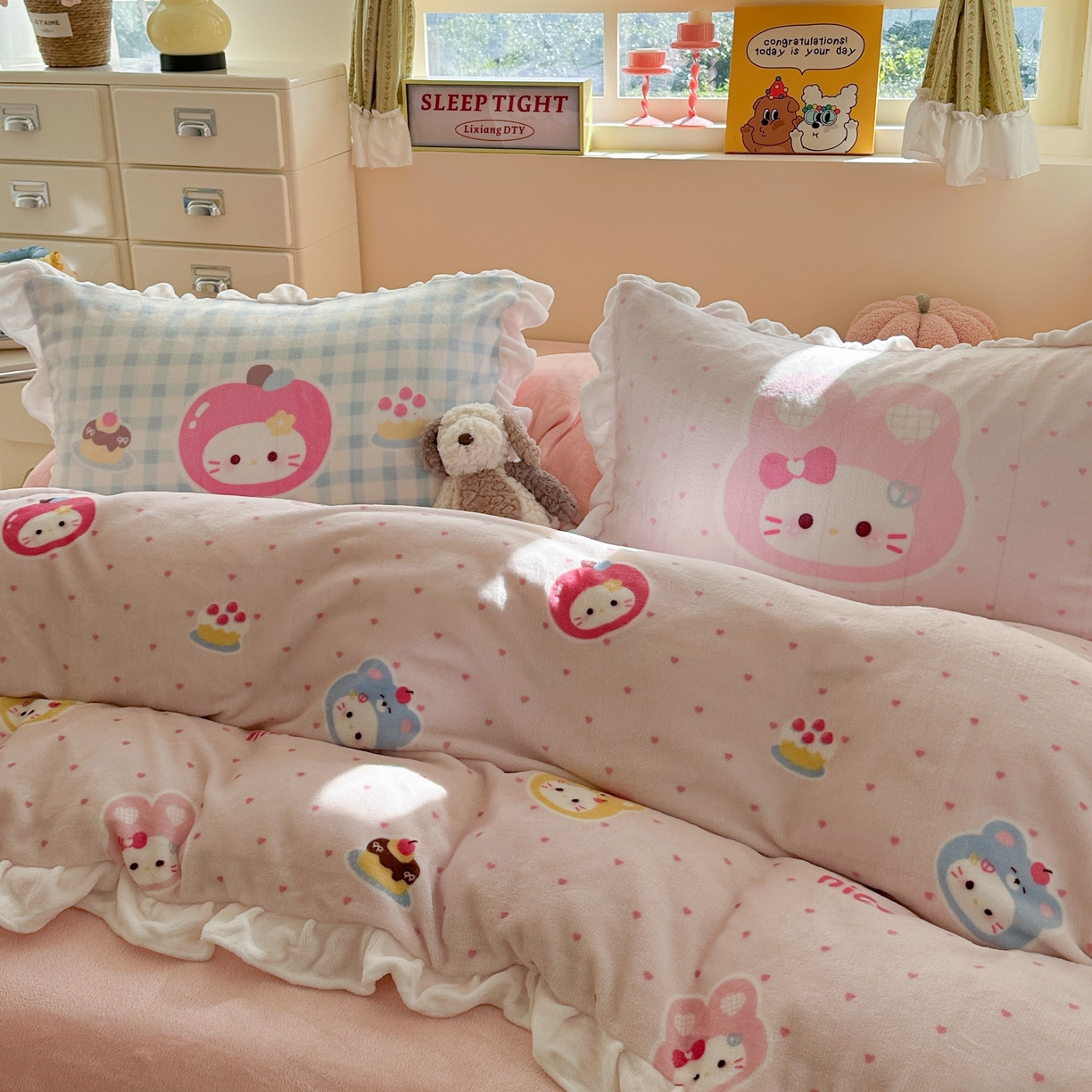 91家纺网 家纺一手货源 找家纺 美乐迪家纺 2025新款加厚牛奶绒花边四件套 甜心派对