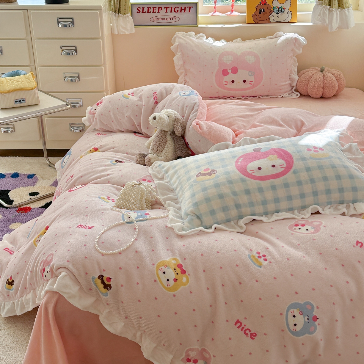 91家纺网 家纺一手货源 找家纺 美乐迪家纺 2025新款加厚牛奶绒花边四件套 甜心派对