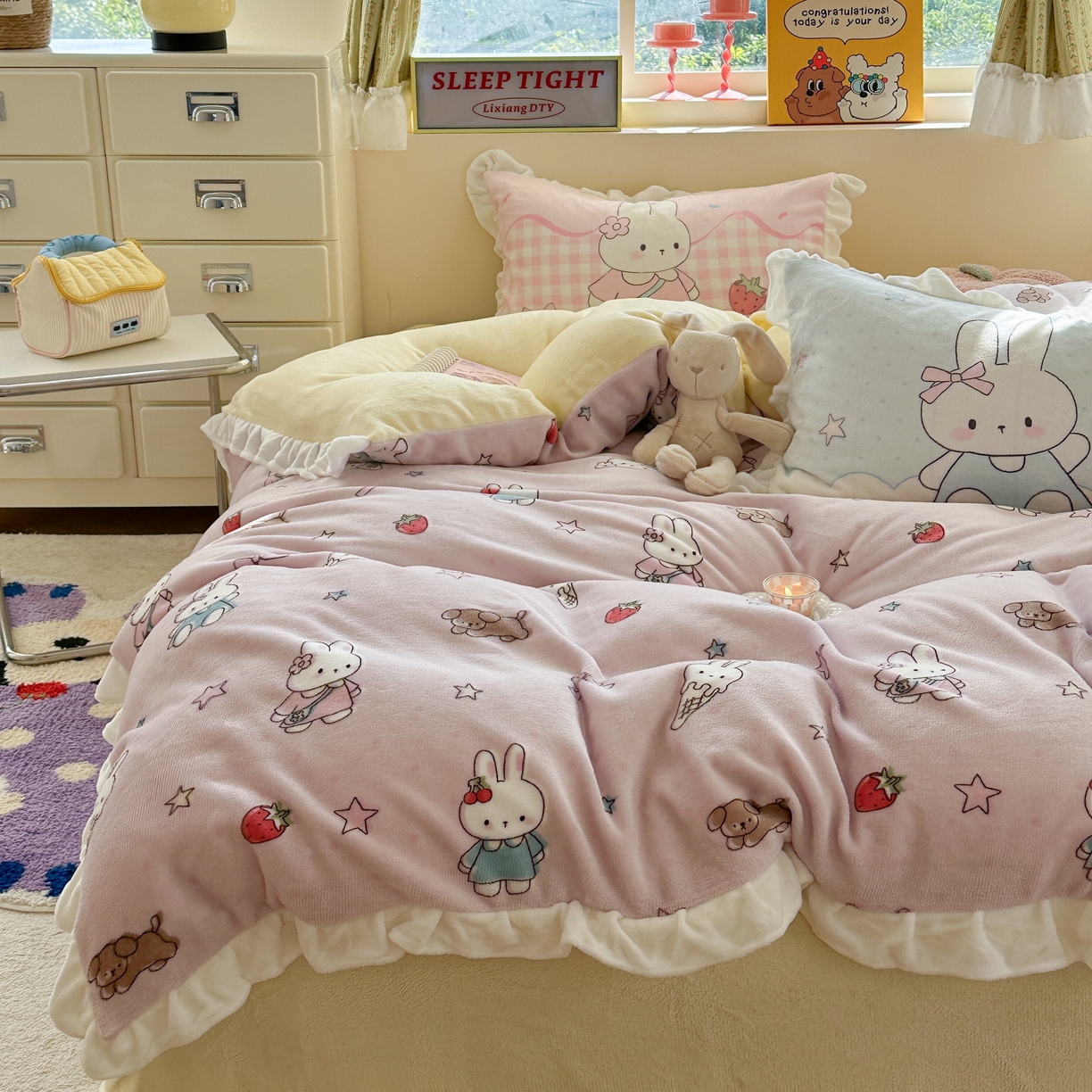 美乐迪家纺 2025新款加厚牛奶绒花边四件套 甜品小兔