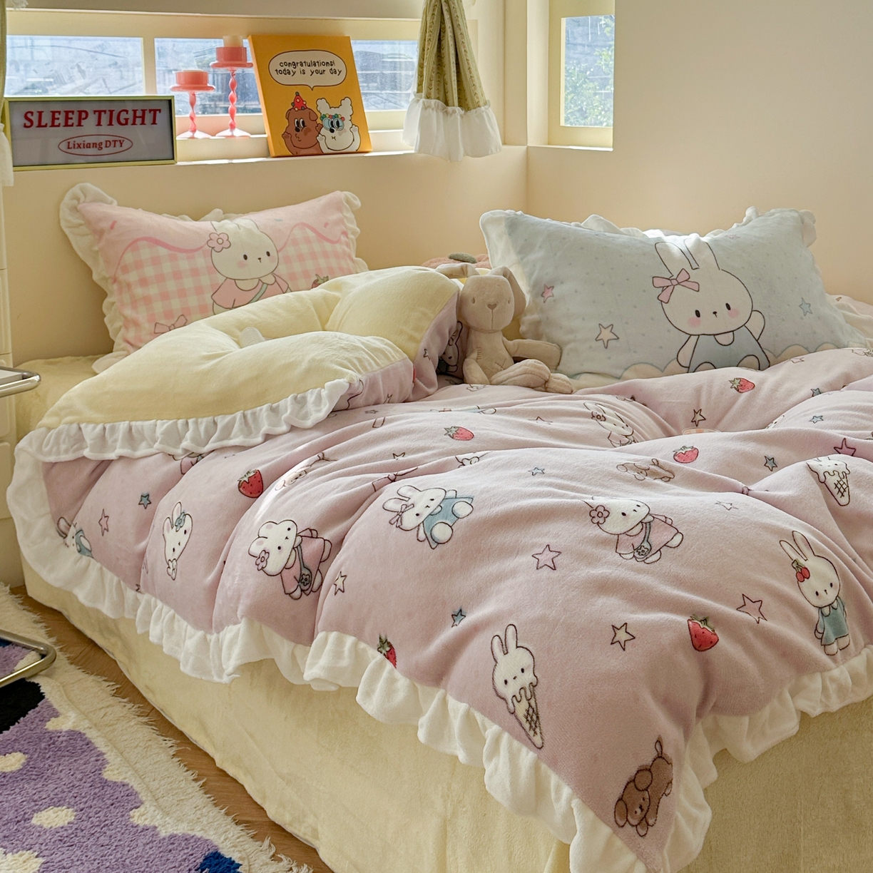 91家纺网 家纺一手货源 找家纺 美乐迪家纺 2025新款加厚牛奶绒花边四件套 甜品小兔