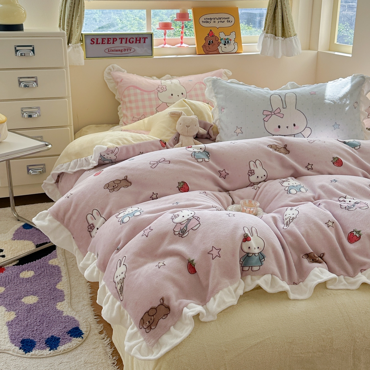 91家纺网 家纺一手货源 找家纺 美乐迪家纺 2025新款加厚牛奶绒花边四件套 甜品小兔