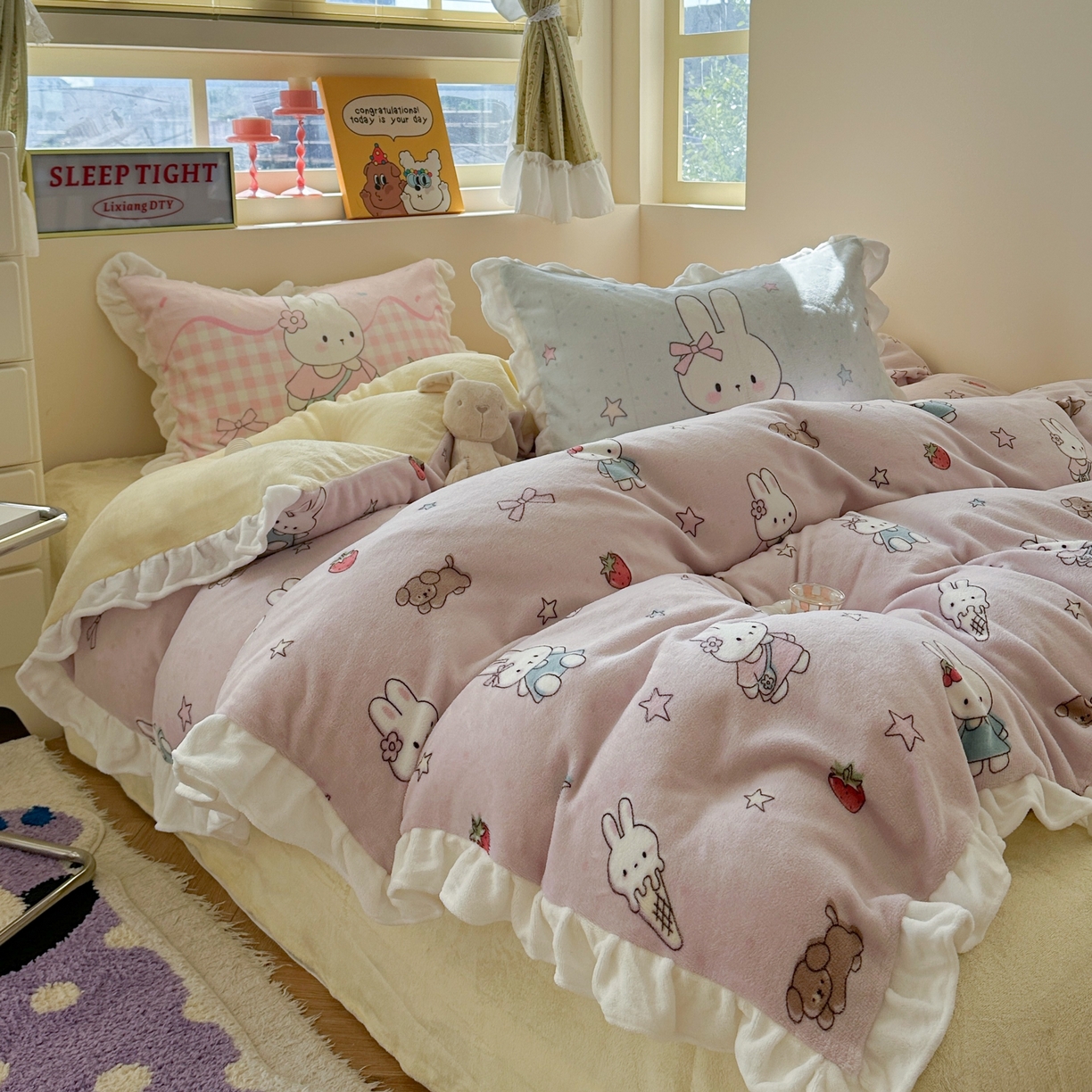 91家纺网 家纺一手货源 找家纺 美乐迪家纺 2025新款加厚牛奶绒花边四件套 甜品小兔