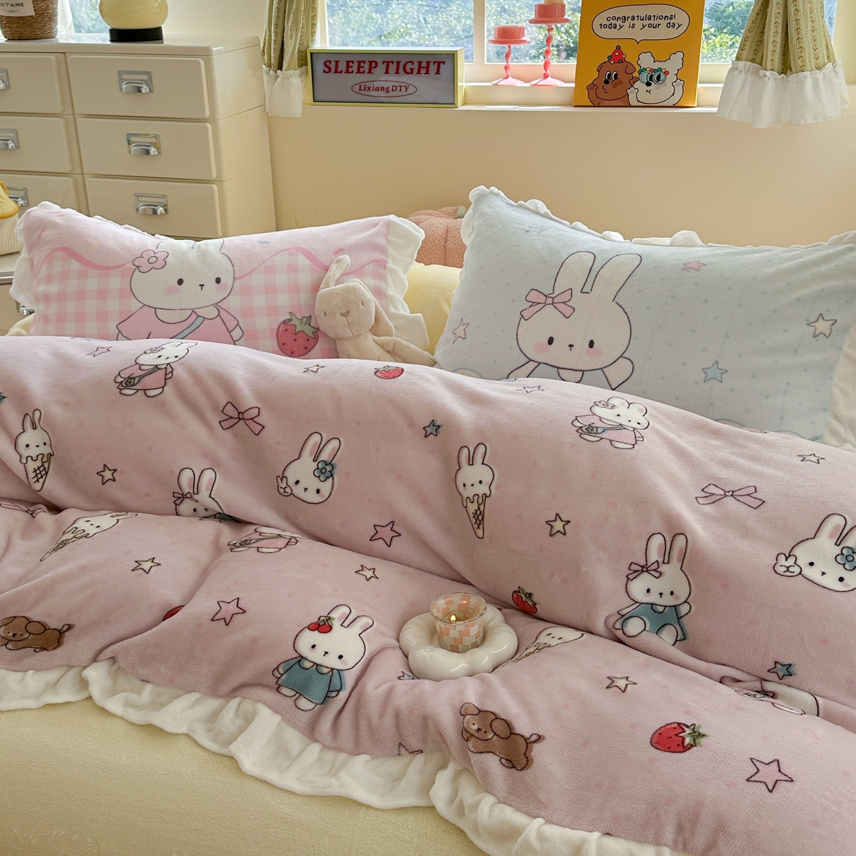 91家纺网 家纺一手货源 找家纺 美乐迪家纺 2025新款加厚牛奶绒花边四件套 甜品小兔