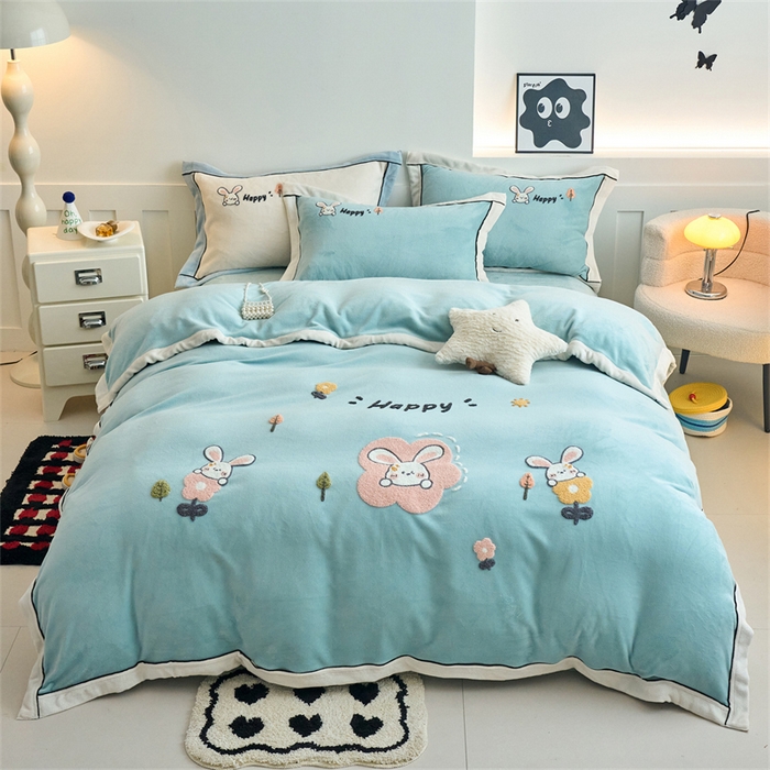 兰紫橙家纺 2025新款亲肤舒适毛巾绣牛奶绒四件套 开心兔-浅星蓝