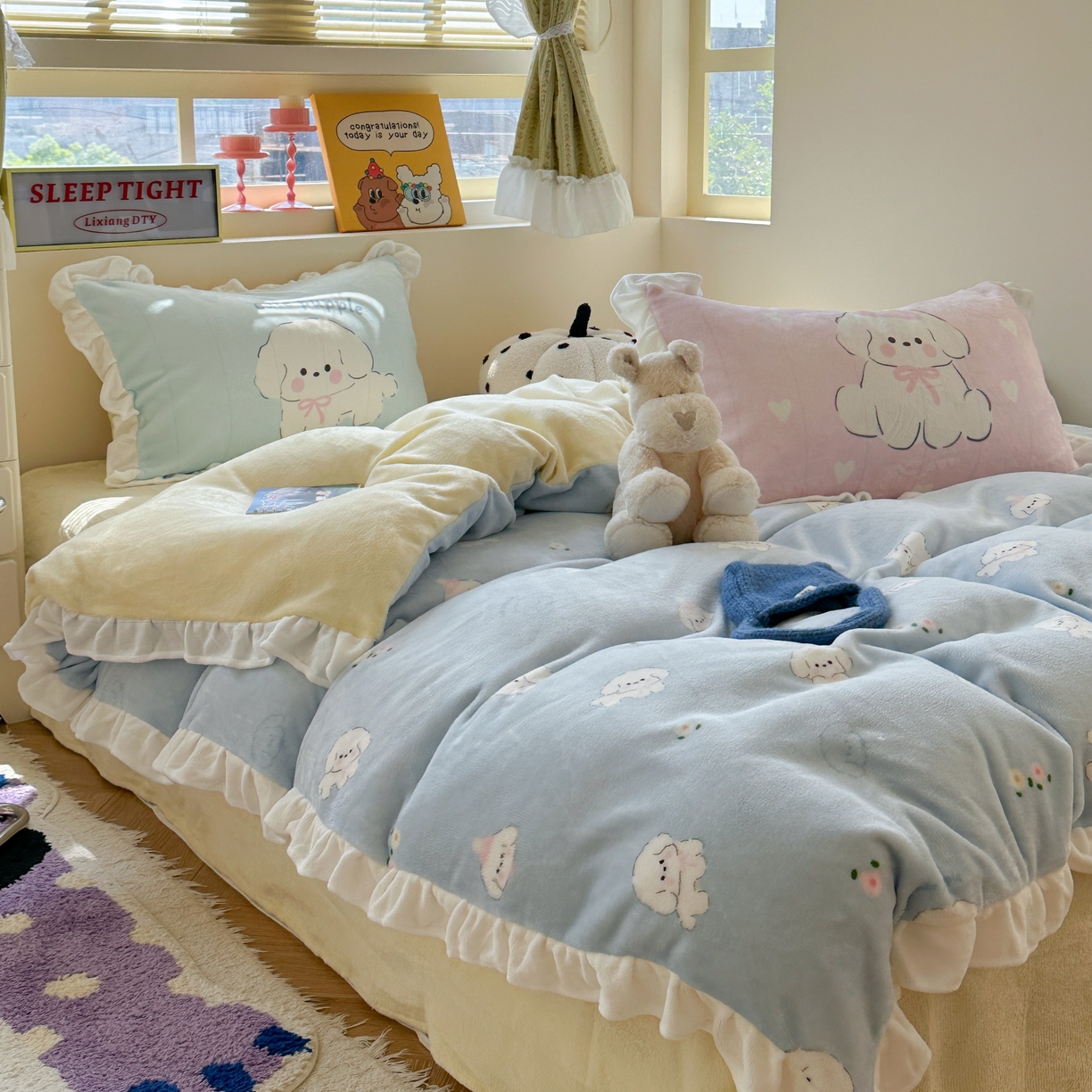 91家纺网 家纺一手货源 找家纺 美乐迪家纺 2025新款加厚牛奶绒花边四件套 蓝色小狗