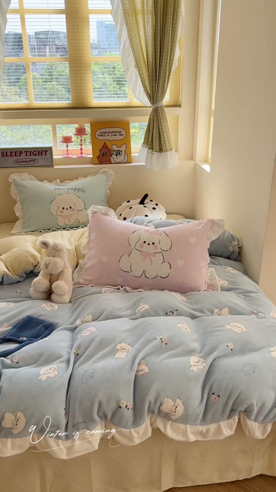 91家纺网 家纺一手货源 找家纺 美乐迪家纺 2025新款加厚牛奶绒花边四件套 蓝色小狗