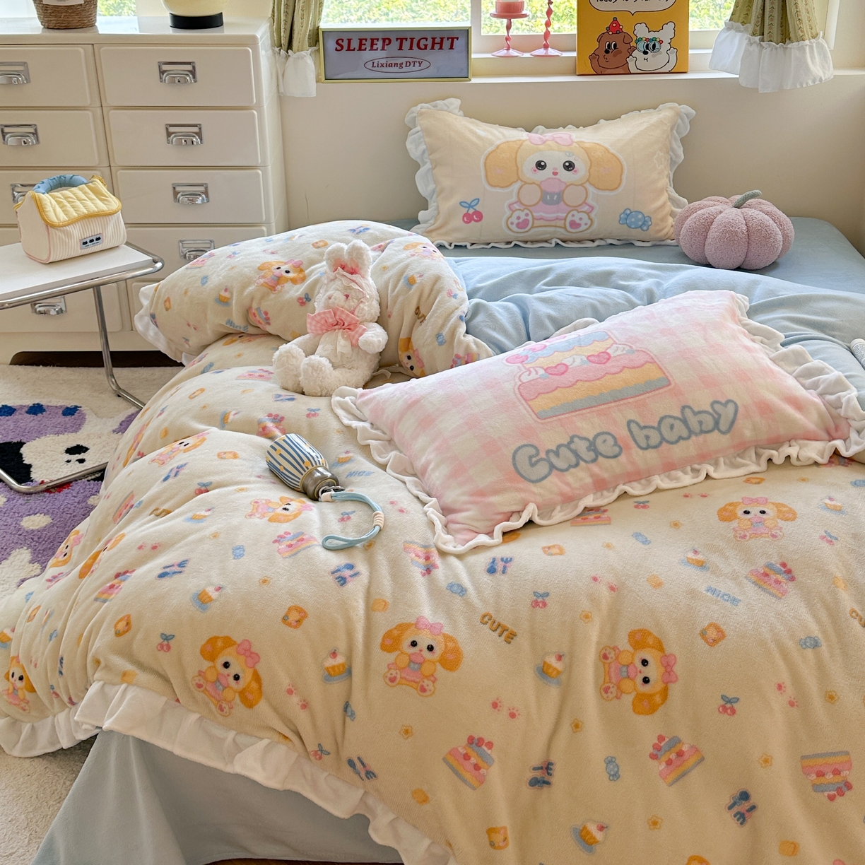 91家纺网 家纺一手货源 找家纺 美乐迪家纺 2025新款加厚牛奶绒花边四件套 黄油小狗