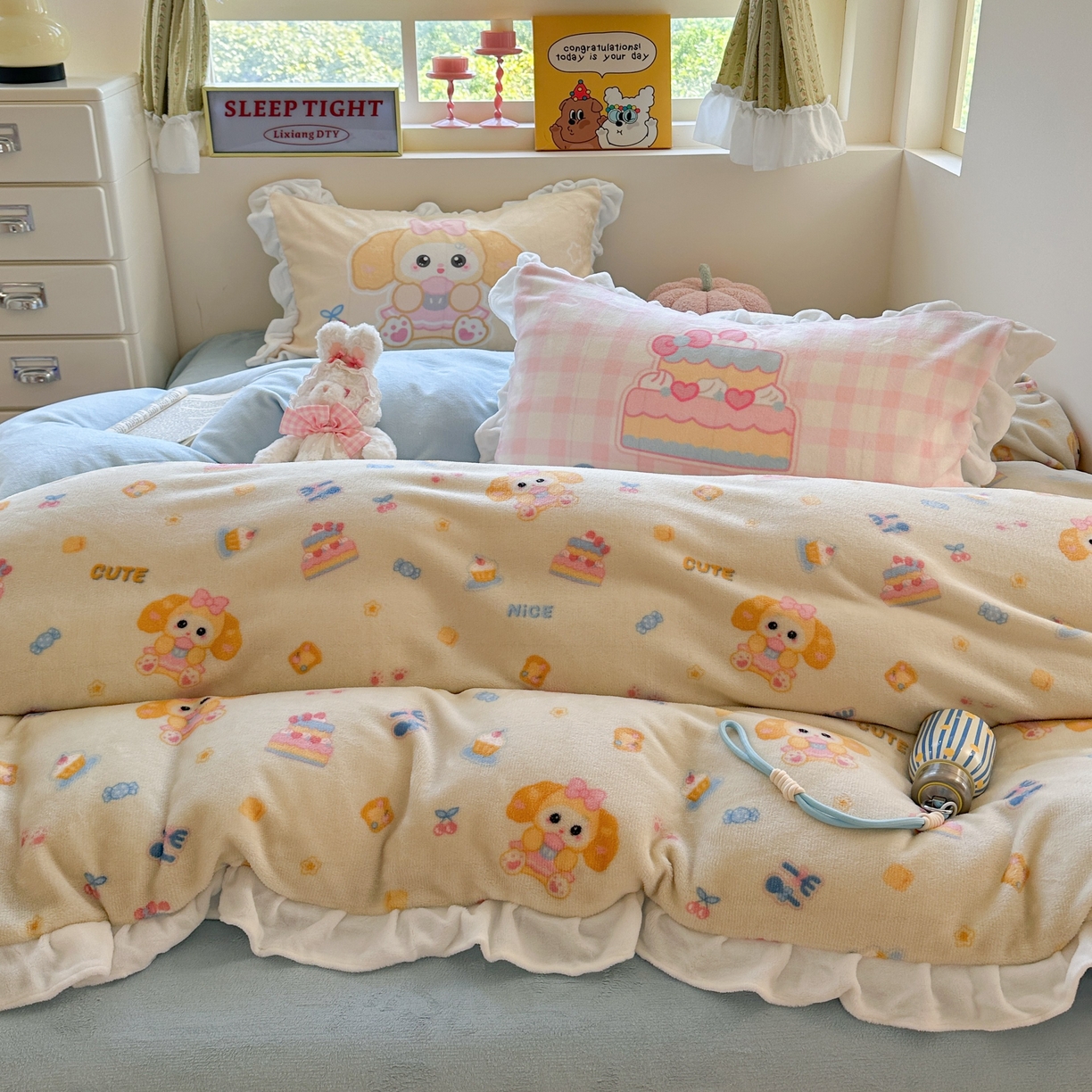 91家纺网 家纺一手货源 找家纺 美乐迪家纺 2025新款加厚牛奶绒花边四件套 黄油小狗