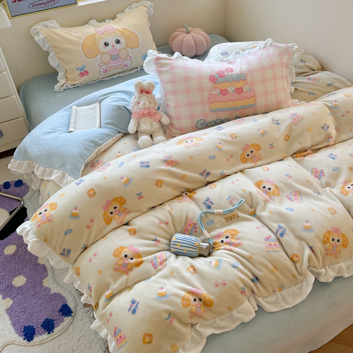 91家纺网 家纺一手货源 找家纺 美乐迪家纺 2025新款加厚牛奶绒花边四件套 黄油小狗