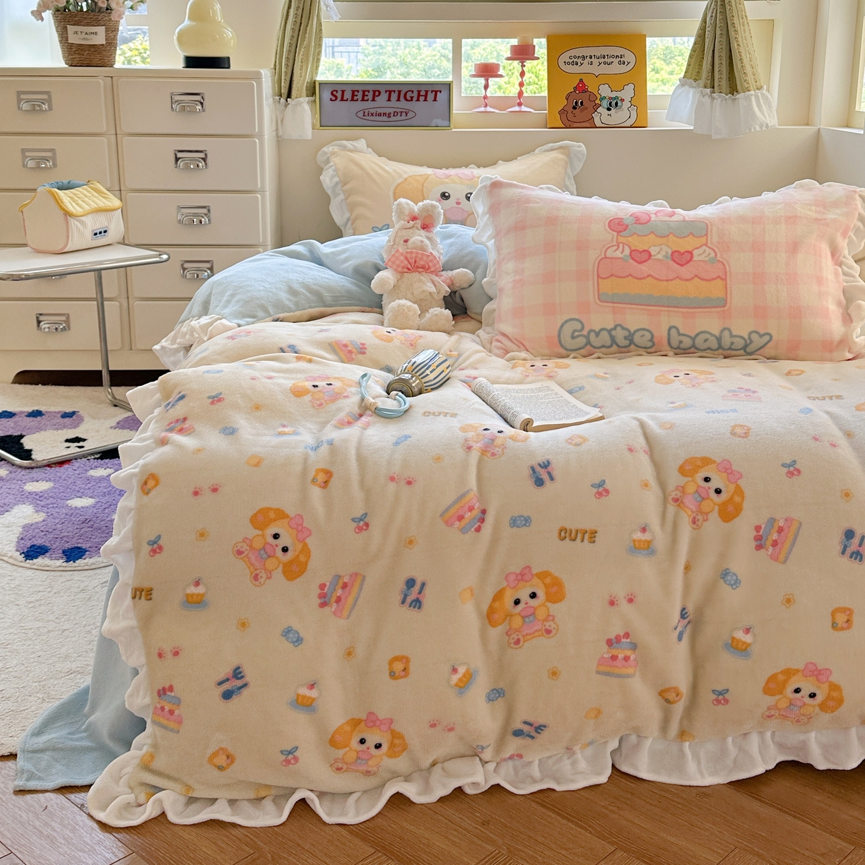 91家纺网 家纺一手货源 找家纺 美乐迪家纺 2025新款加厚牛奶绒花边四件套 黄油小狗