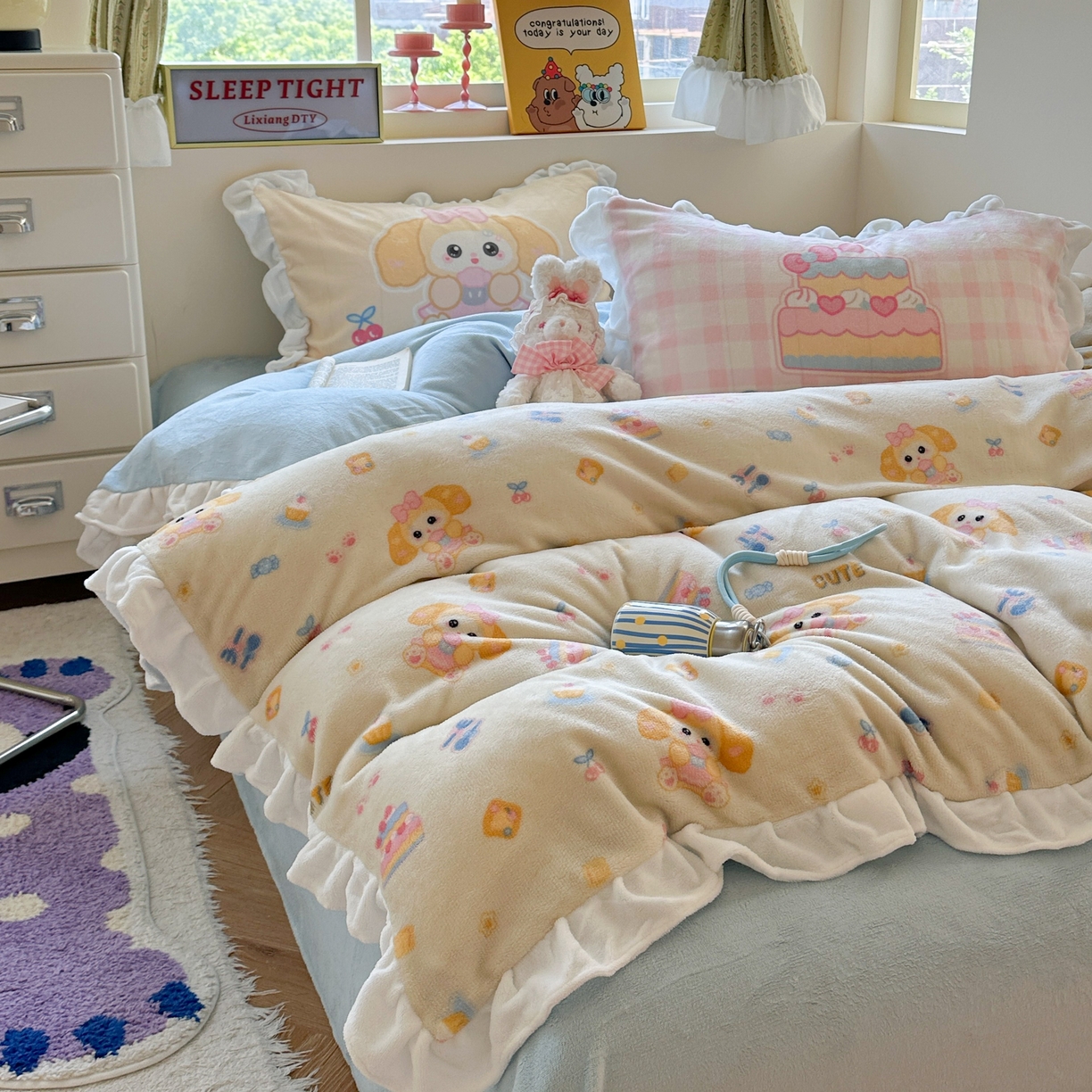 91家纺网 家纺一手货源 找家纺 美乐迪家纺 2025新款加厚牛奶绒花边四件套 黄油小狗