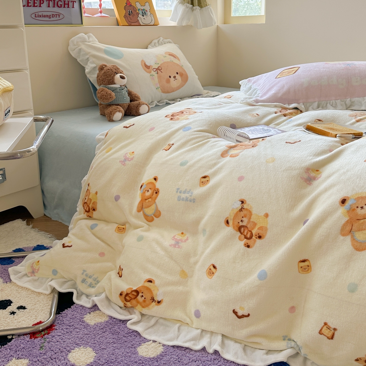 91家纺网 家纺一手货源 找家纺 美乐迪家纺 2025新款加厚牛奶绒花边四件套 烘焙熊