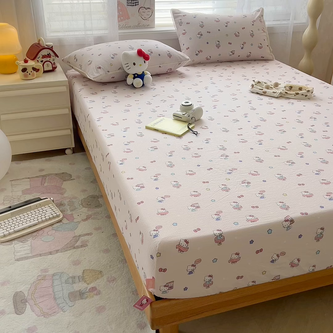 91家纺网 家纺一手货源 找家纺 （总）梦庭帛美 2025新款高克重110克云感提花皱皱纱正版三丽鸥床笠