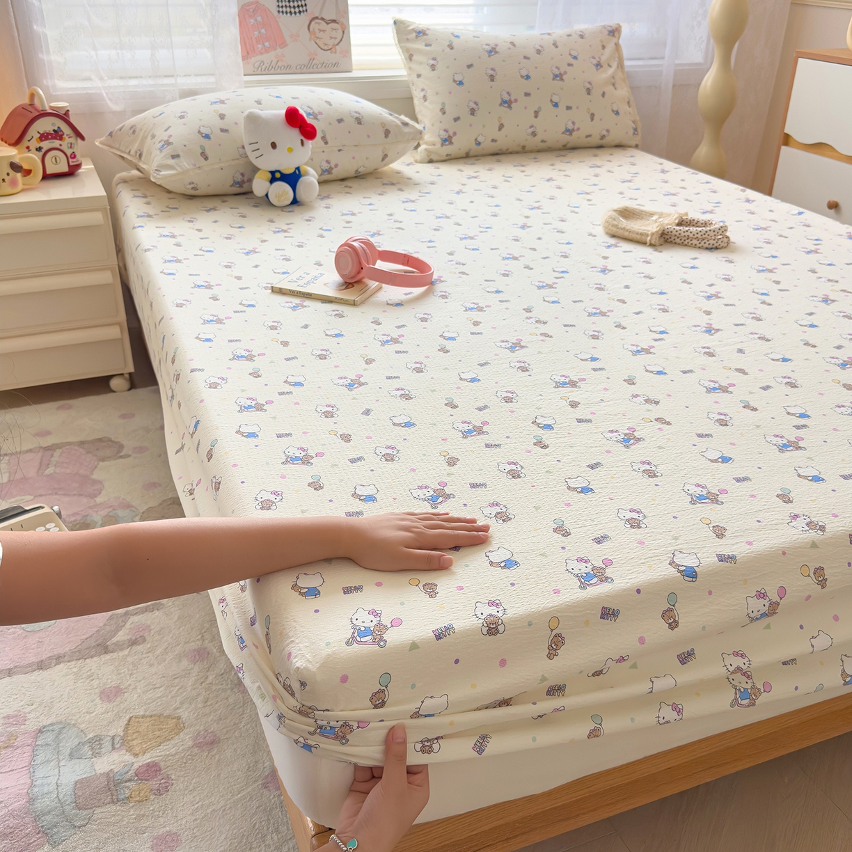 梦庭帛美 2025新款高克重110克云感提花皱皱纱正版三丽鸥床笠 彩绘小奶猫