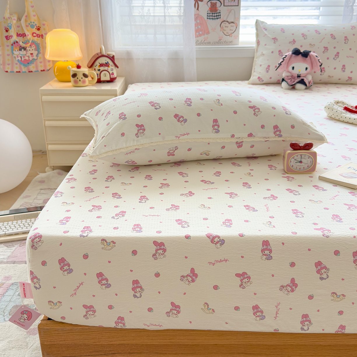 91家纺网 家纺一手货源 找家纺 梦庭帛美 2025新款高克重110克云感提花皱皱纱正版三丽鸥床笠 木马美乐蒂