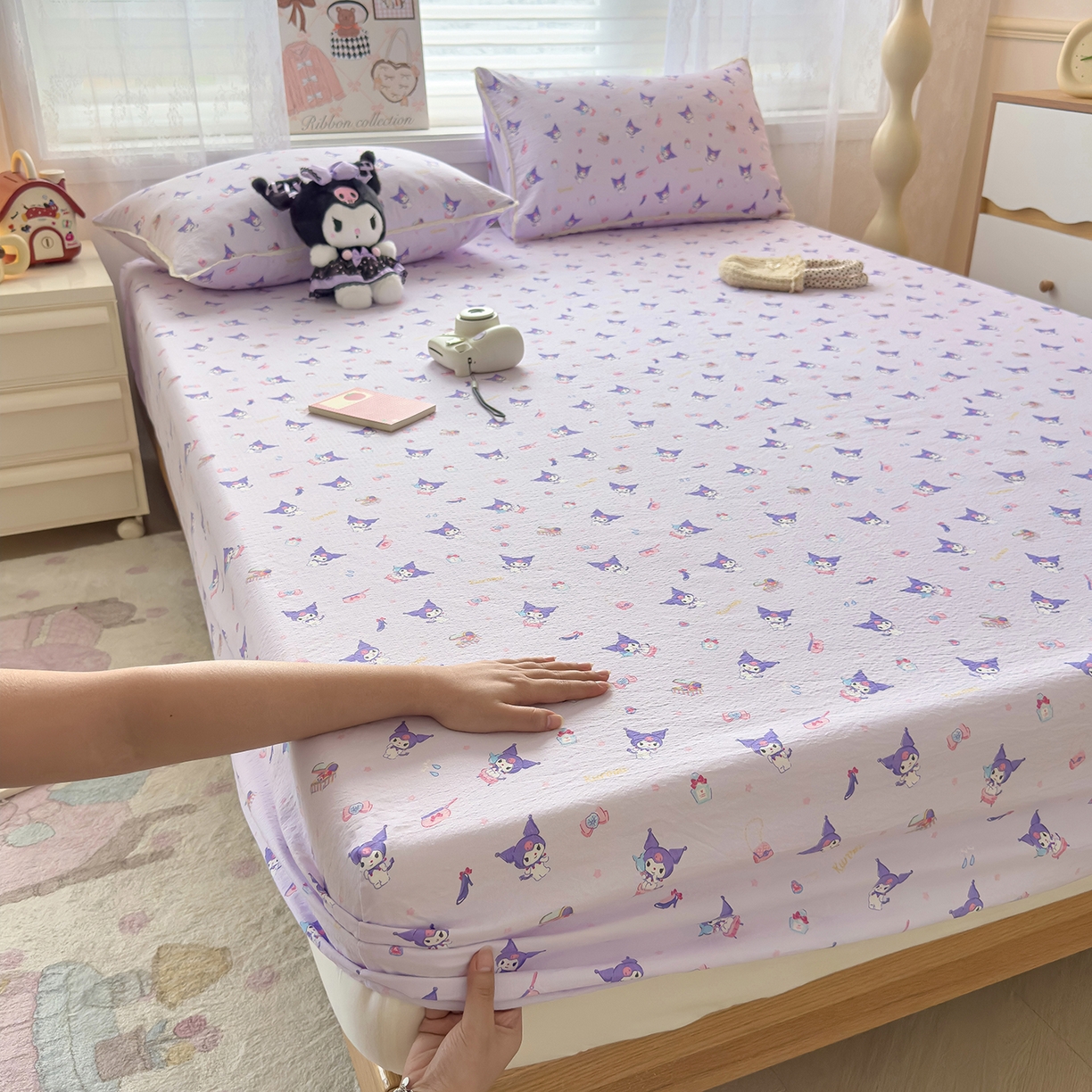 梦庭帛美 2025新款高克重110克云感提花皱皱纱正版三丽鸥床笠 时尚库洛米