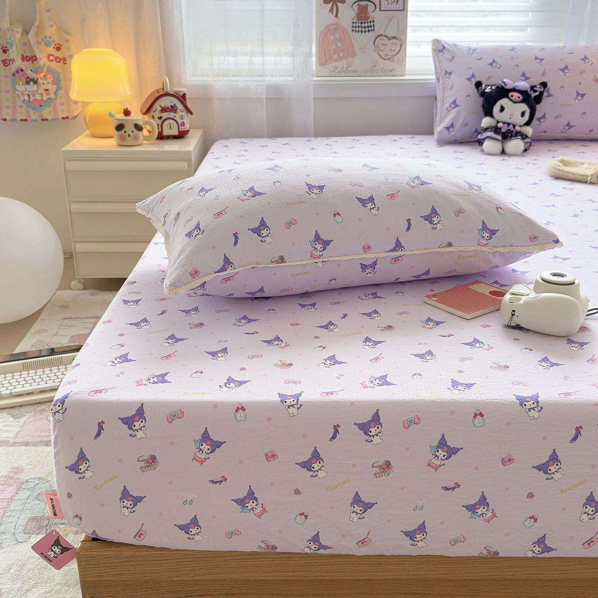 91家纺网 家纺一手货源 找家纺 梦庭帛美 2025新款高克重110克云感提花皱皱纱正版三丽鸥床笠 时尚库洛米