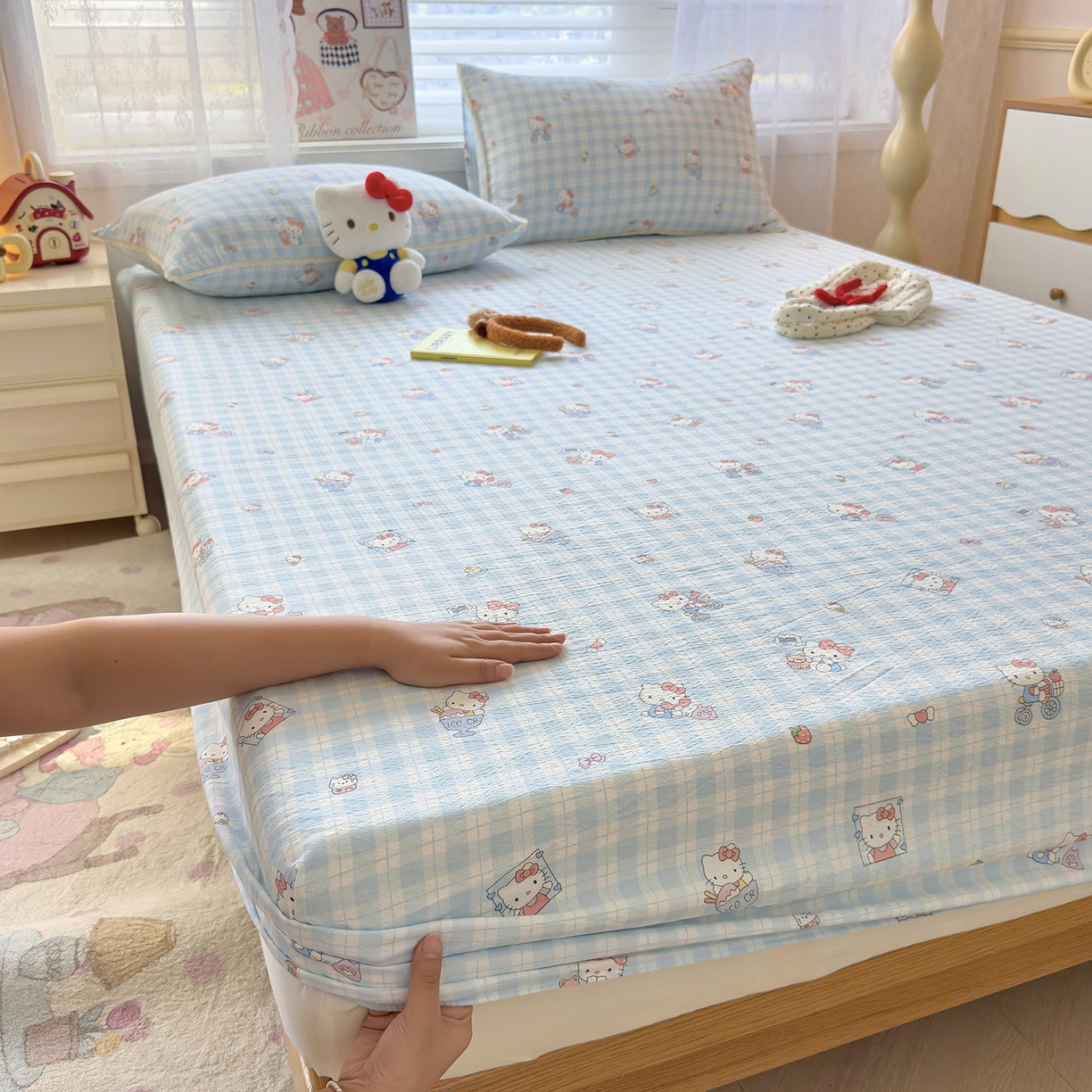 梦庭帛美 2025新款高克重110克云感提花皱皱纱正版三丽鸥床笠 甜蜜电话-蓝