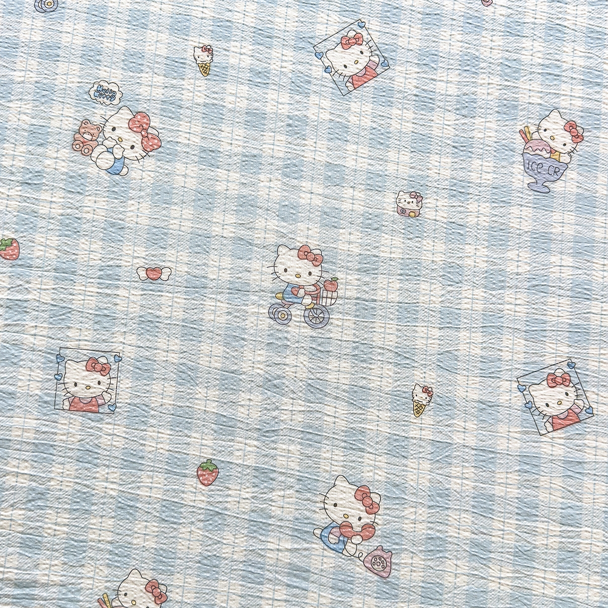 91家纺网 家纺一手货源 找家纺 梦庭帛美 2025新款高克重110克云感提花皱皱纱正版三丽鸥床笠 甜蜜电话-蓝