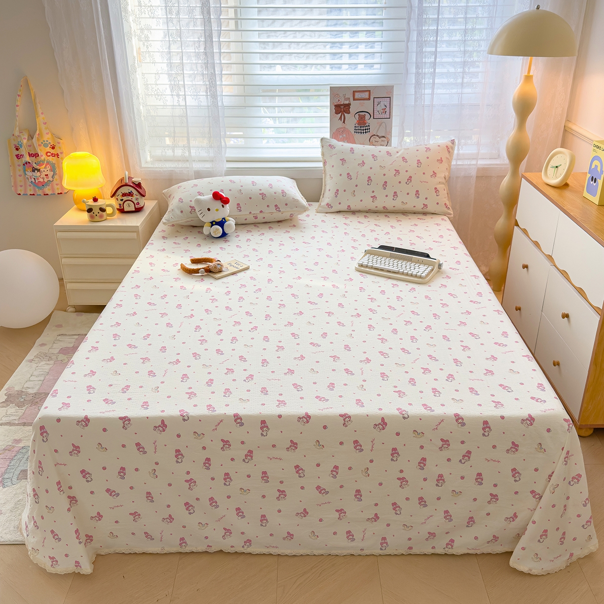 91家纺网 家纺一手货源 找家纺 （总）梦庭帛美 2025新款高克重110克云感提花皱皱纱正版三丽鸥床单