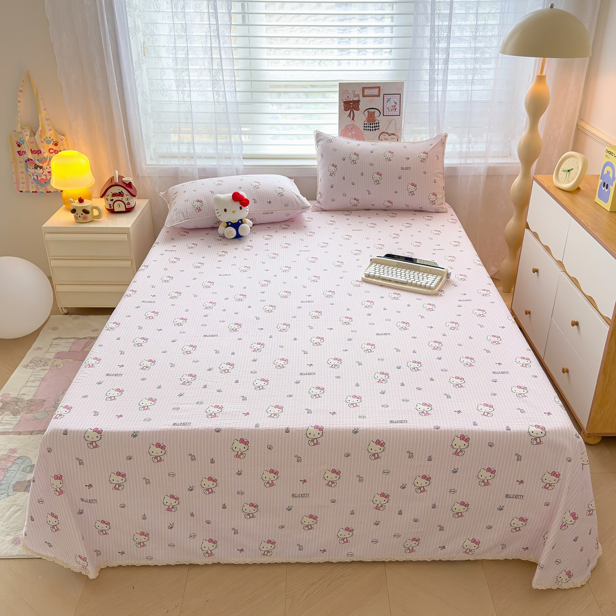 梦庭帛美 2025新款高克重110克云感提花皱皱纱正版三丽鸥床单 条纹KT