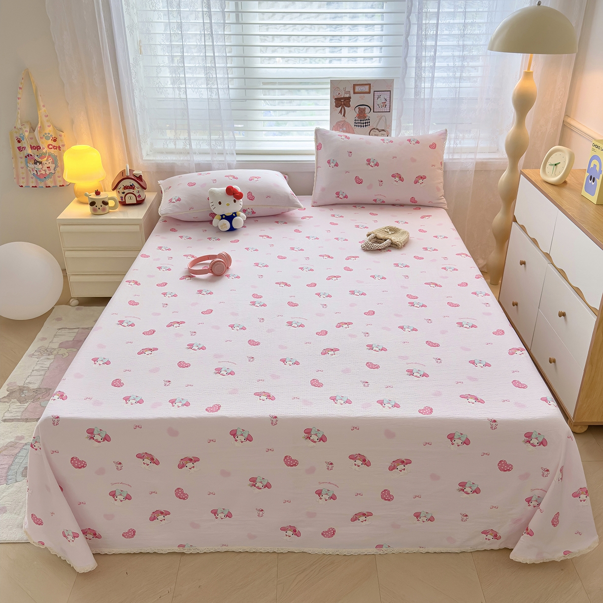 梦庭帛美 2025新款高克重110克云感提花皱皱纱正版三丽鸥床单 童趣美乐蒂