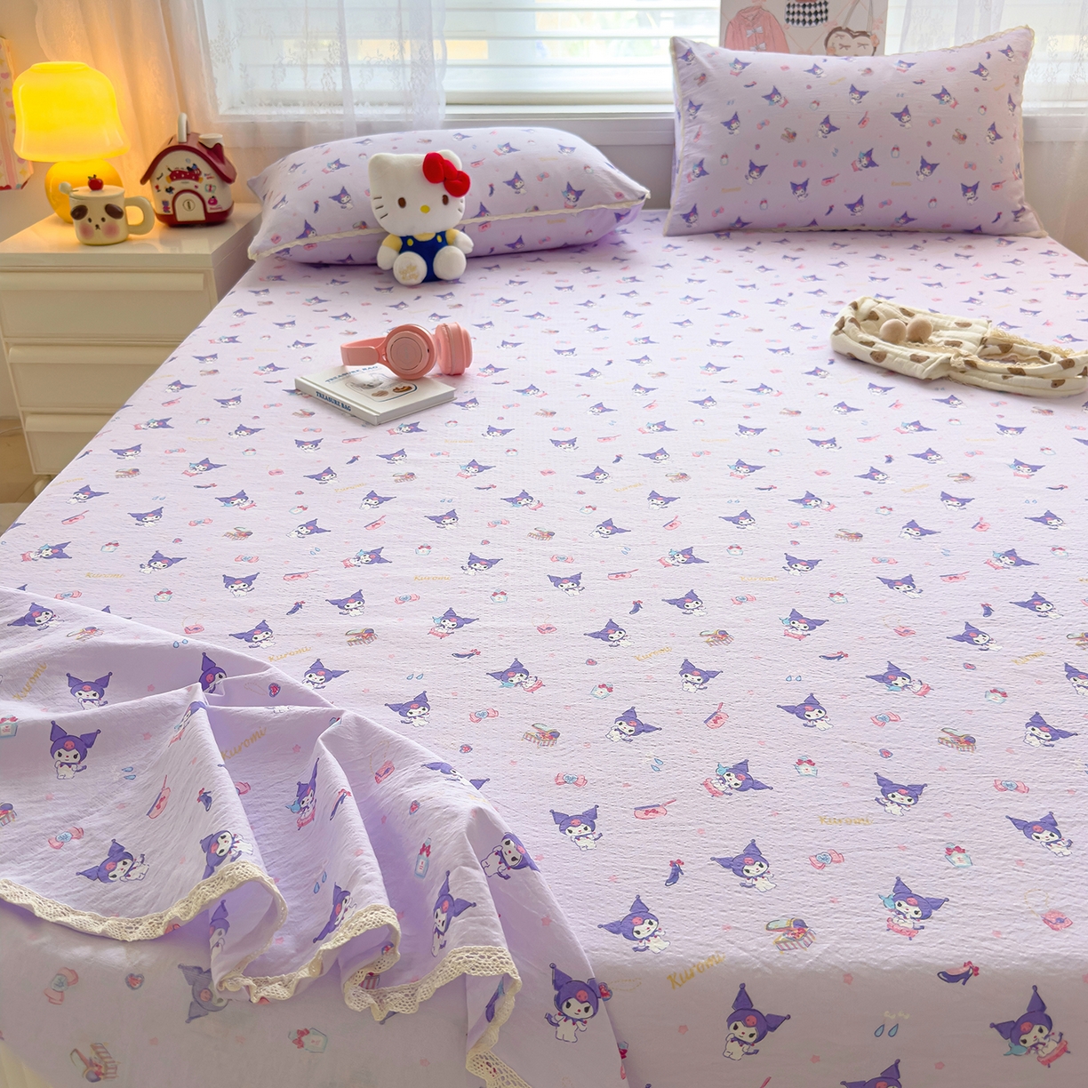 91家纺网 家纺一手货源 找家纺 梦庭帛美 2025新款高克重110克云感提花皱皱纱正版三丽鸥床单 时尚库洛米