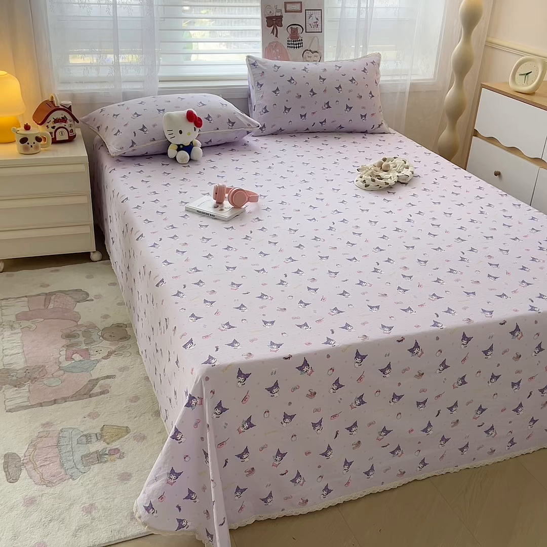 91家纺网 家纺一手货源 找家纺 梦庭帛美 2025新款高克重110克云感提花皱皱纱正版三丽鸥床单 时尚库洛米