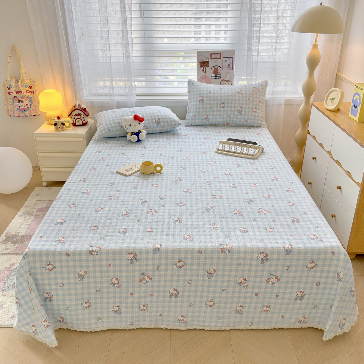 梦庭帛美 2025新款高克重110克云感提花皱皱纱正版三丽鸥床单 甜蜜电话-蓝