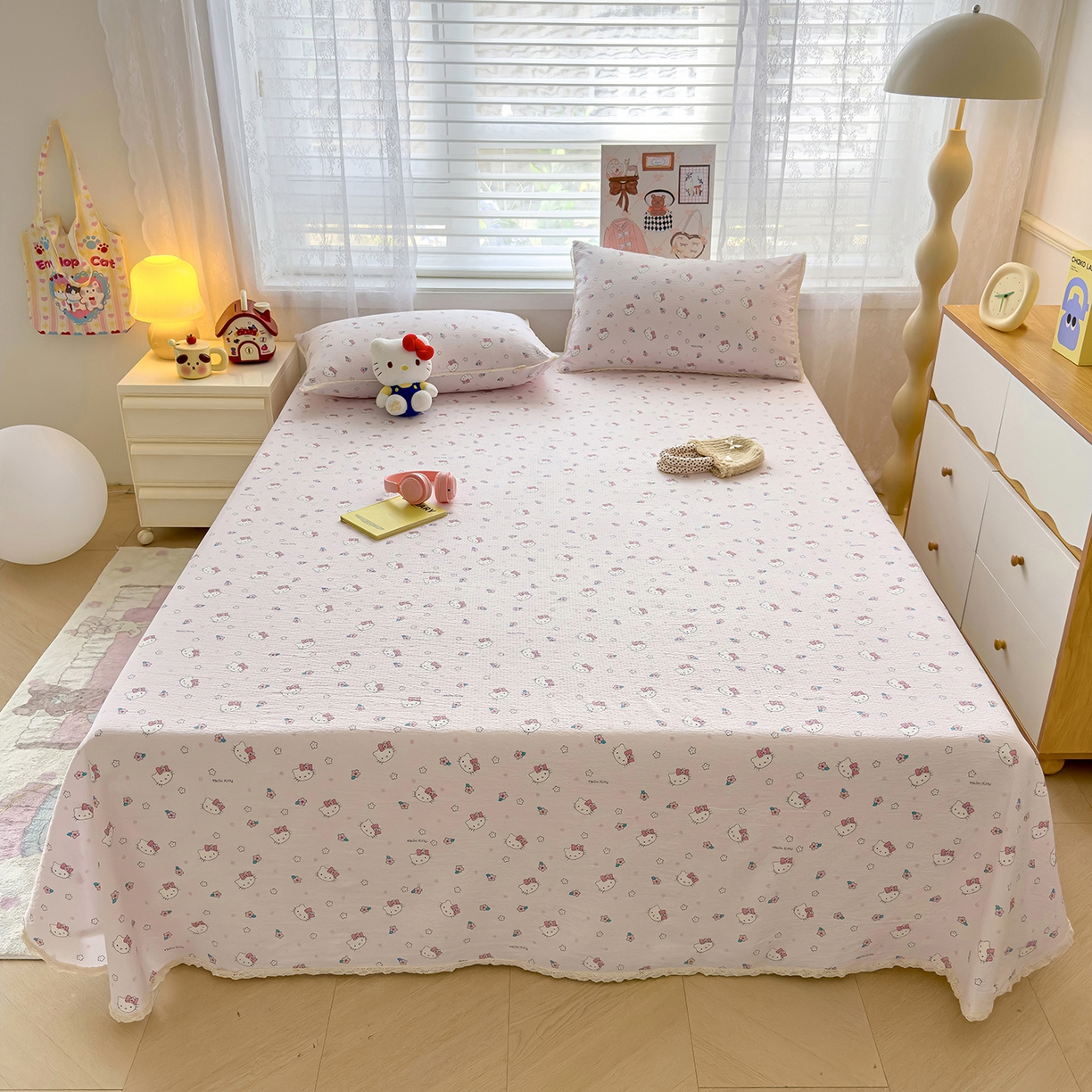 梦庭帛美 2025新款高克重110克云感提花皱皱纱正版三丽鸥床单 粉樱凯蒂