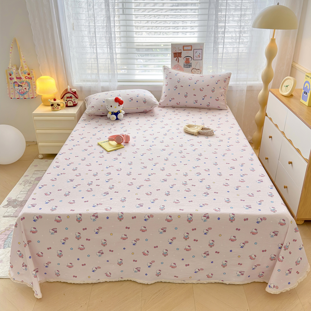 梦庭帛美 2025新款高克重110克云感提花皱皱纱正版三丽鸥床单 奶芙KT