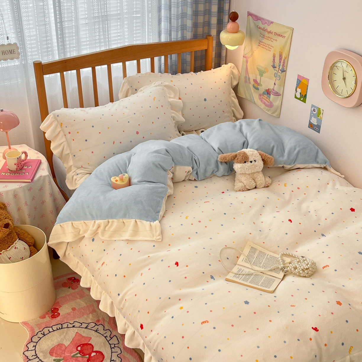 91家纺网 家纺一手货源 找家纺 川悦生活 2025新款A类韩版花边牛奶绒四件套 花边彩虹心情蓝