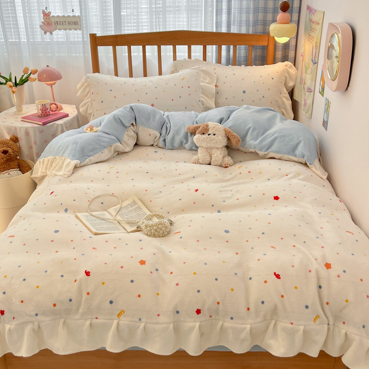 91家纺网 家纺一手货源 找家纺 川悦生活 2025新款A类韩版花边牛奶绒四件套 花边彩虹心情蓝