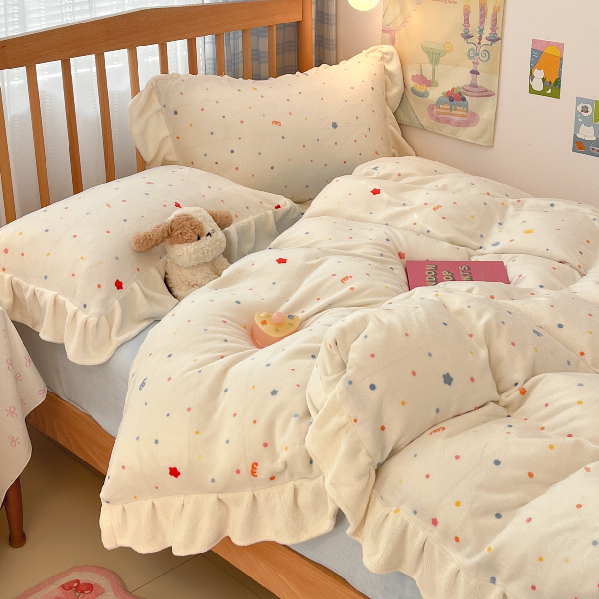 91家纺网 家纺一手货源 找家纺 川悦生活 2025新款A类韩版花边牛奶绒四件套 花边彩虹心情蓝