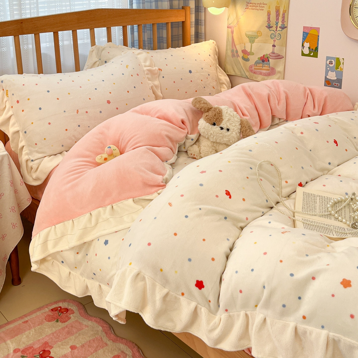 川悦生活 2025新款A类韩版花边牛奶绒四件套 花边彩虹心情粉