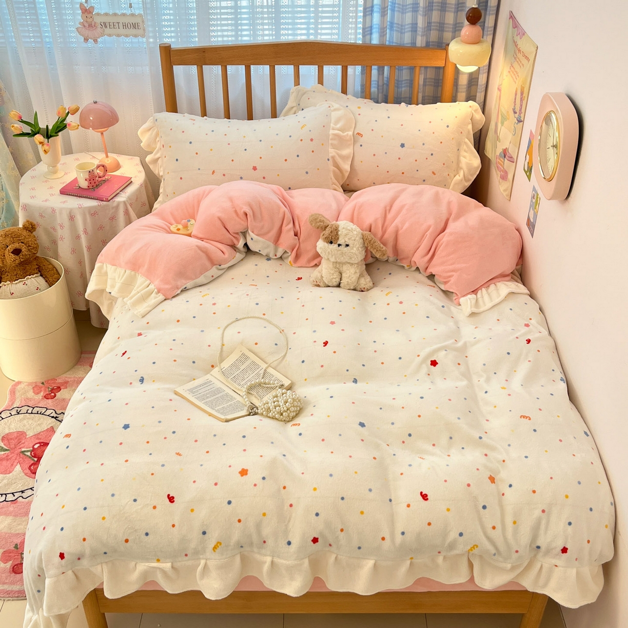 91家纺网 家纺一手货源 找家纺 川悦生活 2025新款A类韩版花边牛奶绒四件套 花边彩虹心情粉