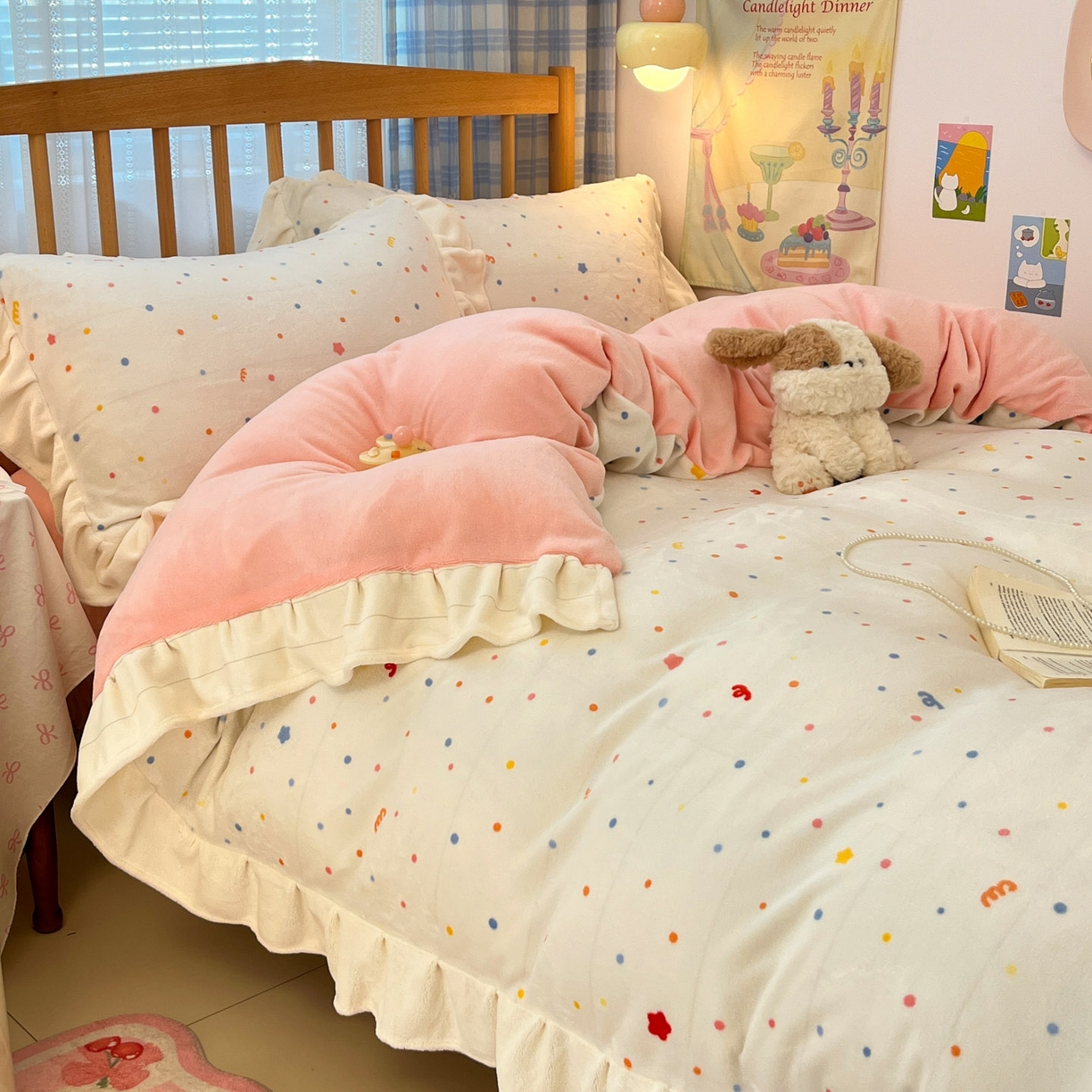 91家纺网 家纺一手货源 找家纺 川悦生活 2025新款A类韩版花边牛奶绒四件套 花边彩虹心情粉