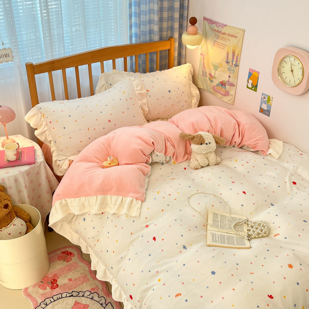 91家纺网 家纺一手货源 找家纺 川悦生活 2025新款A类韩版花边牛奶绒四件套 花边彩虹心情粉