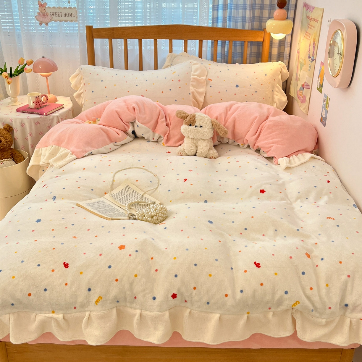 91家纺网 家纺一手货源 找家纺 川悦生活 2025新款A类韩版花边牛奶绒四件套 花边彩虹心情粉