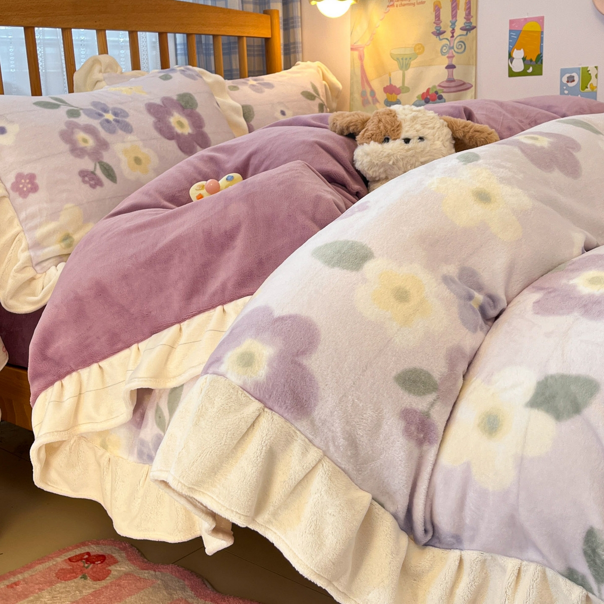 川悦生活 2025新款A类韩版花边牛奶绒四件套 花边莉莉柒缇