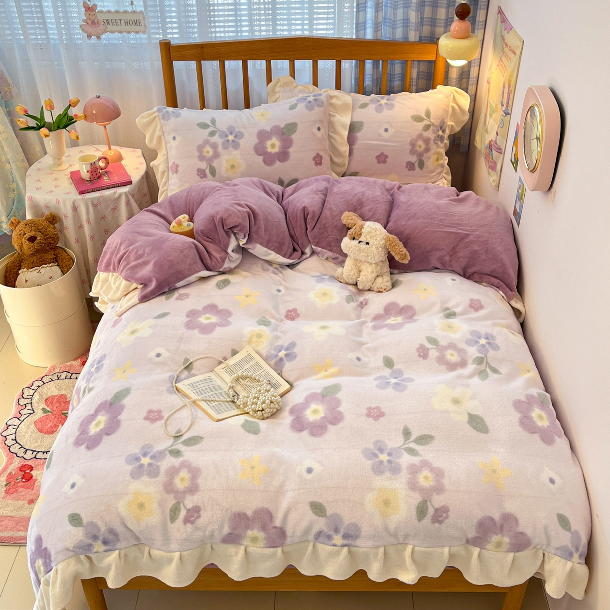 91家纺网 家纺一手货源 找家纺 川悦生活 2025新款A类韩版花边牛奶绒四件套 花边莉莉柒缇