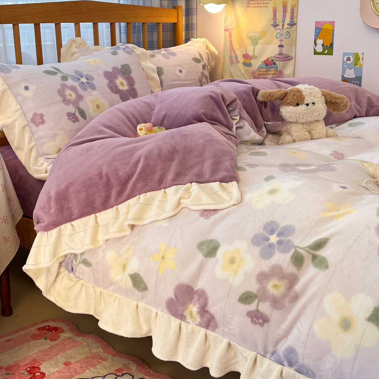 91家纺网 家纺一手货源 找家纺 川悦生活 2025新款A类韩版花边牛奶绒四件套 花边莉莉柒缇