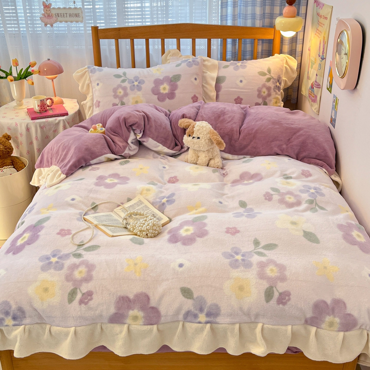 91家纺网 家纺一手货源 找家纺 川悦生活 2025新款A类韩版花边牛奶绒四件套 花边莉莉柒缇