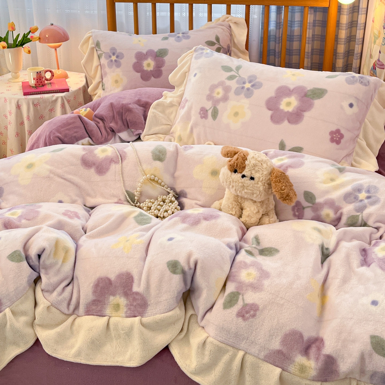 91家纺网 家纺一手货源 找家纺 川悦生活 2025新款A类韩版花边牛奶绒四件套 花边莉莉柒缇