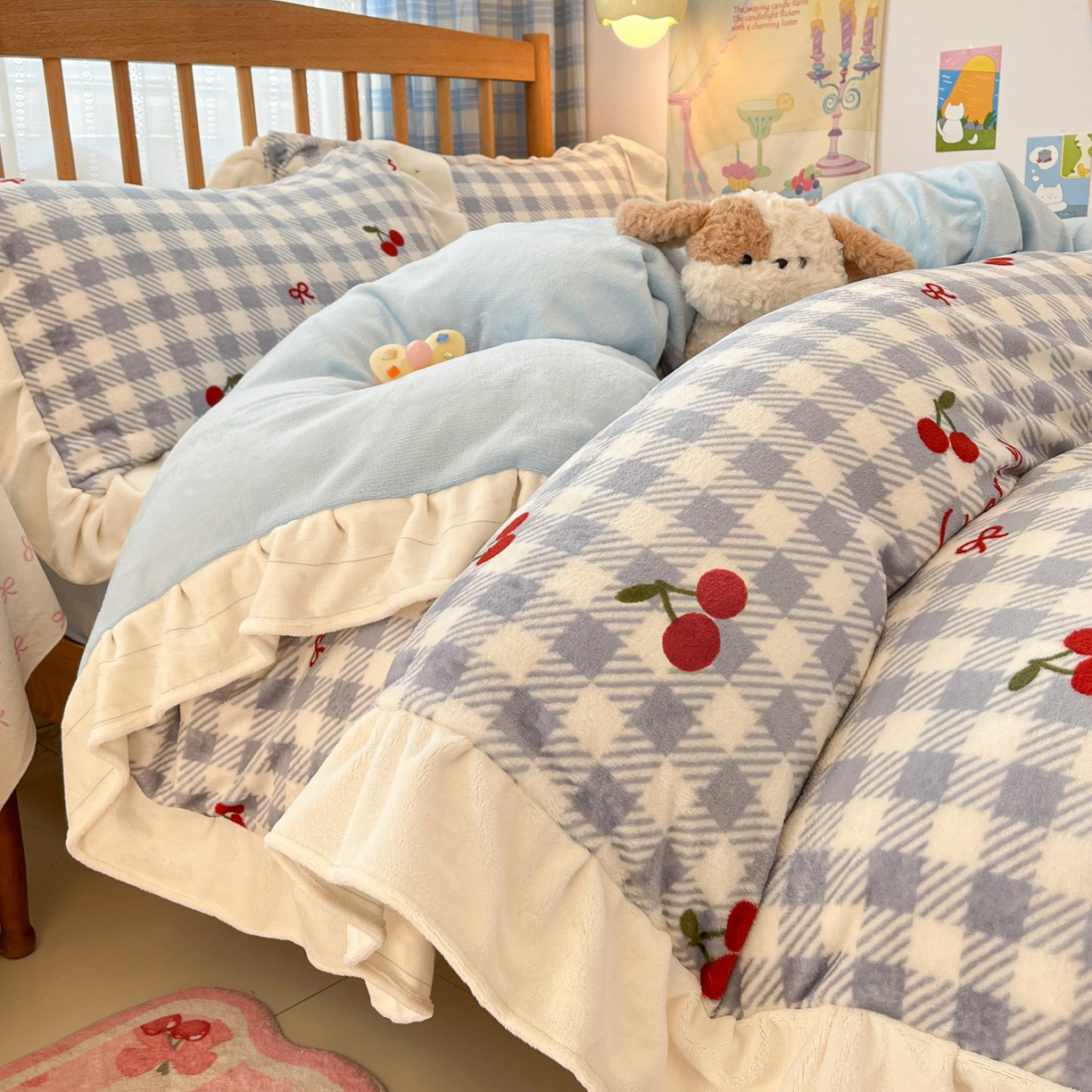 川悦生活 2025新款A类韩版花边牛奶绒四件套 花边青天车厘