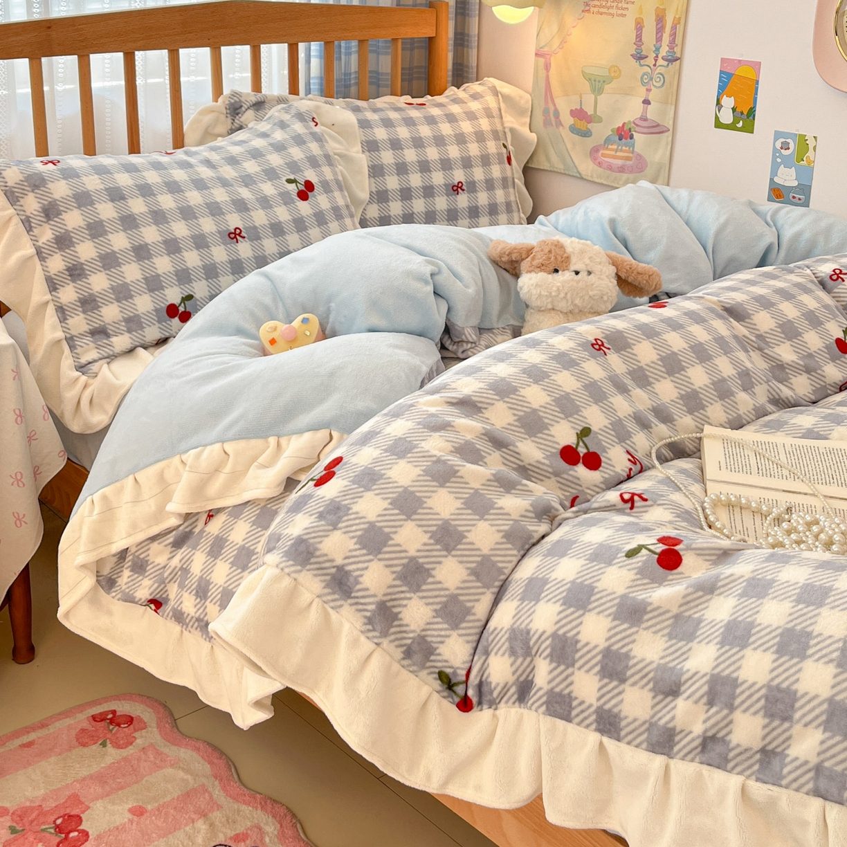 91家纺网 家纺一手货源 找家纺 川悦生活 2025新款A类韩版花边牛奶绒四件套 花边青天车厘